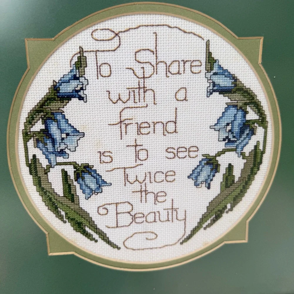 Vintage Framed Cross Stitch Bluebells Friendship Quote Green 12.5in Square Decor